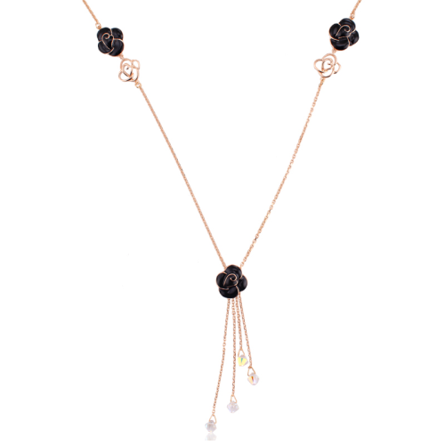 Μακρύ κολιέ Black Flower επίχρυσο, BC10518-JET